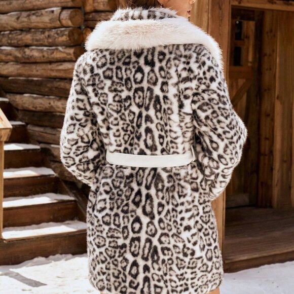 White Casual Women's Faux Fur Leopard Print Long Sleeve Coat - Picture 2 of 8